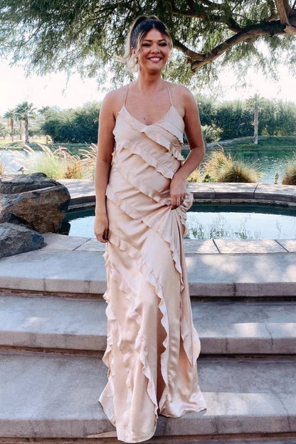 Straps Sheath Champagne Ruffle Maxi Bridesmaid Dress