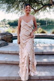 Straps Sheath Champagne Ruffle Maxi Bridesmaid Dress
