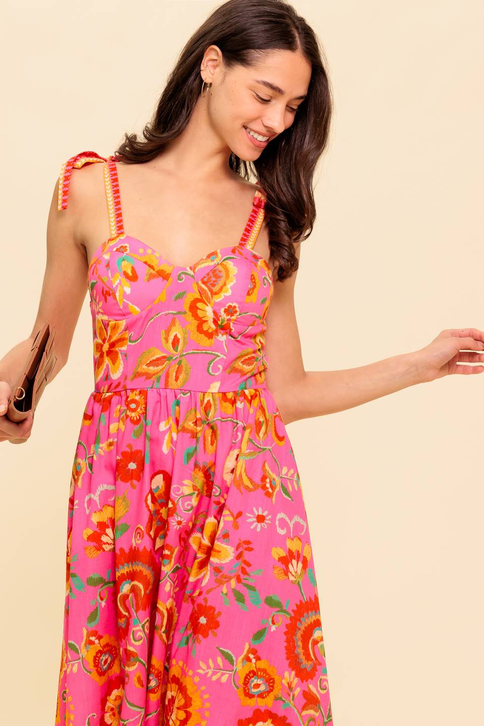 GARDEN GATHERING BUSTIER MIDI DRESS PINK MULTI