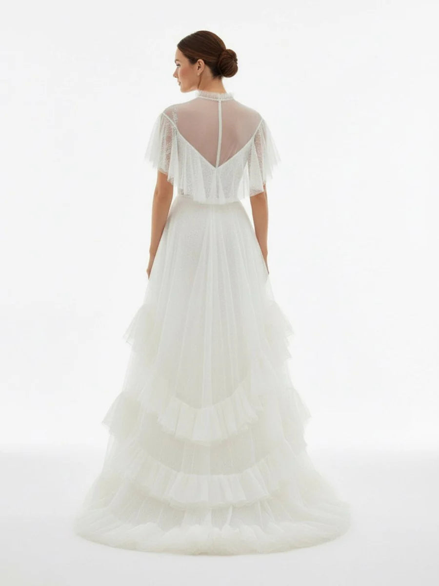 High Split A Line See through Short Sleeves Ruffle Tulle Wedding Dresses