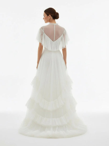 High Split A Line See through Short Sleeves Ruffle Tulle Wedding Dresses