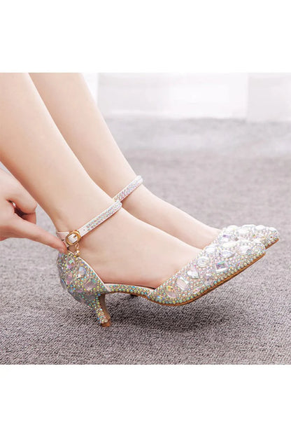 Pointed Toe Crystal Diamond Ankle Strap Kitten Heels