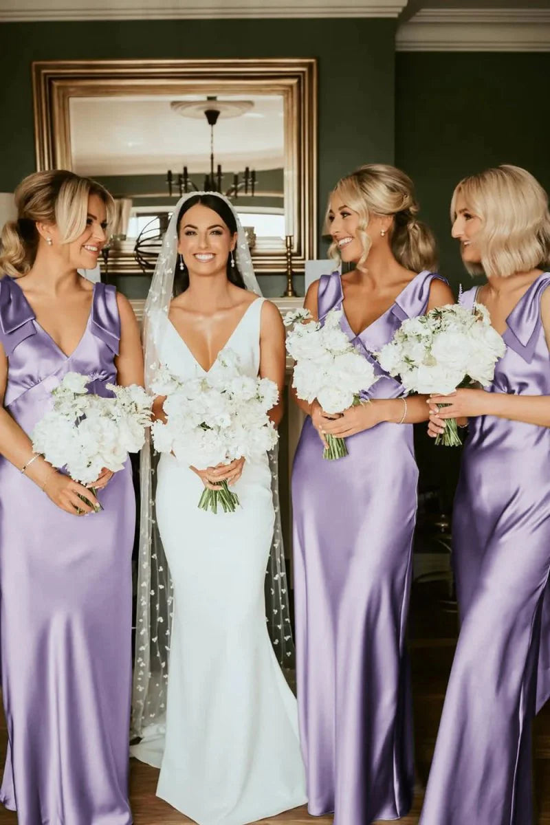 Sheath V Neck Sage Green Silk Satin Bridesmaid Dress with Bow