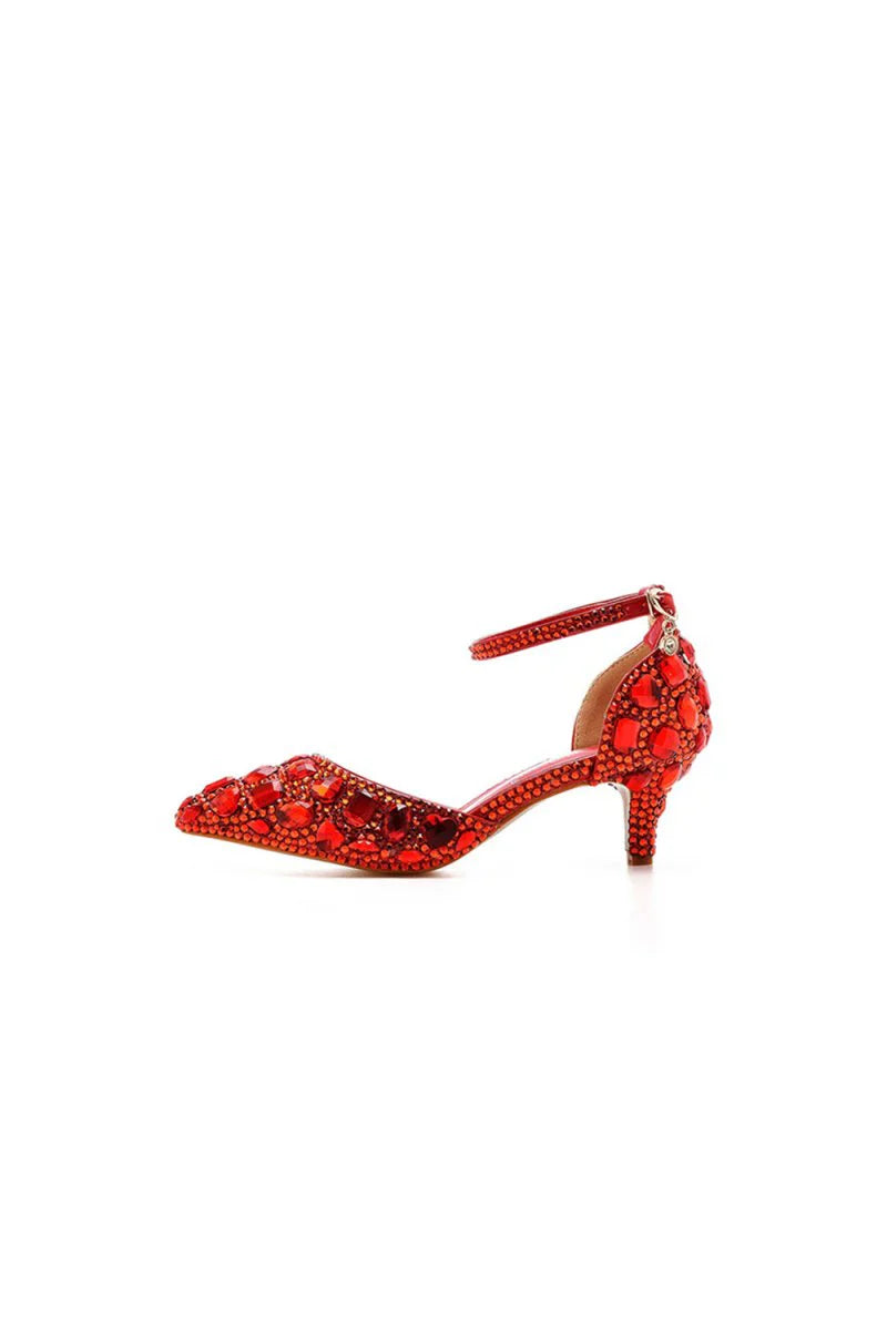 Pointed Toe Crystal Diamond Ankle Strap Kitten Heels