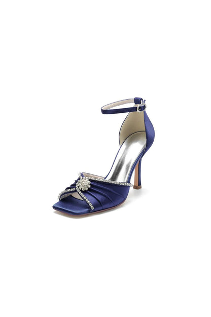 Satin Square OpenToe Stiletto Heels With Rhinestone