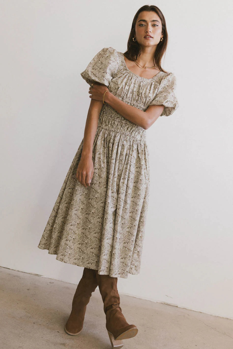 Lucille Smocked Floral Dress in Olive FINAL SALE
