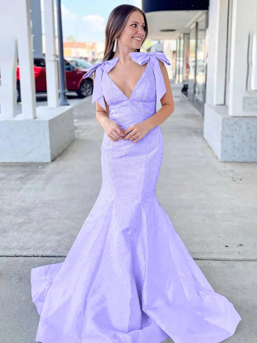 Sky Blue V Neck Mermaid Satin Long Prom Dress With Bow
