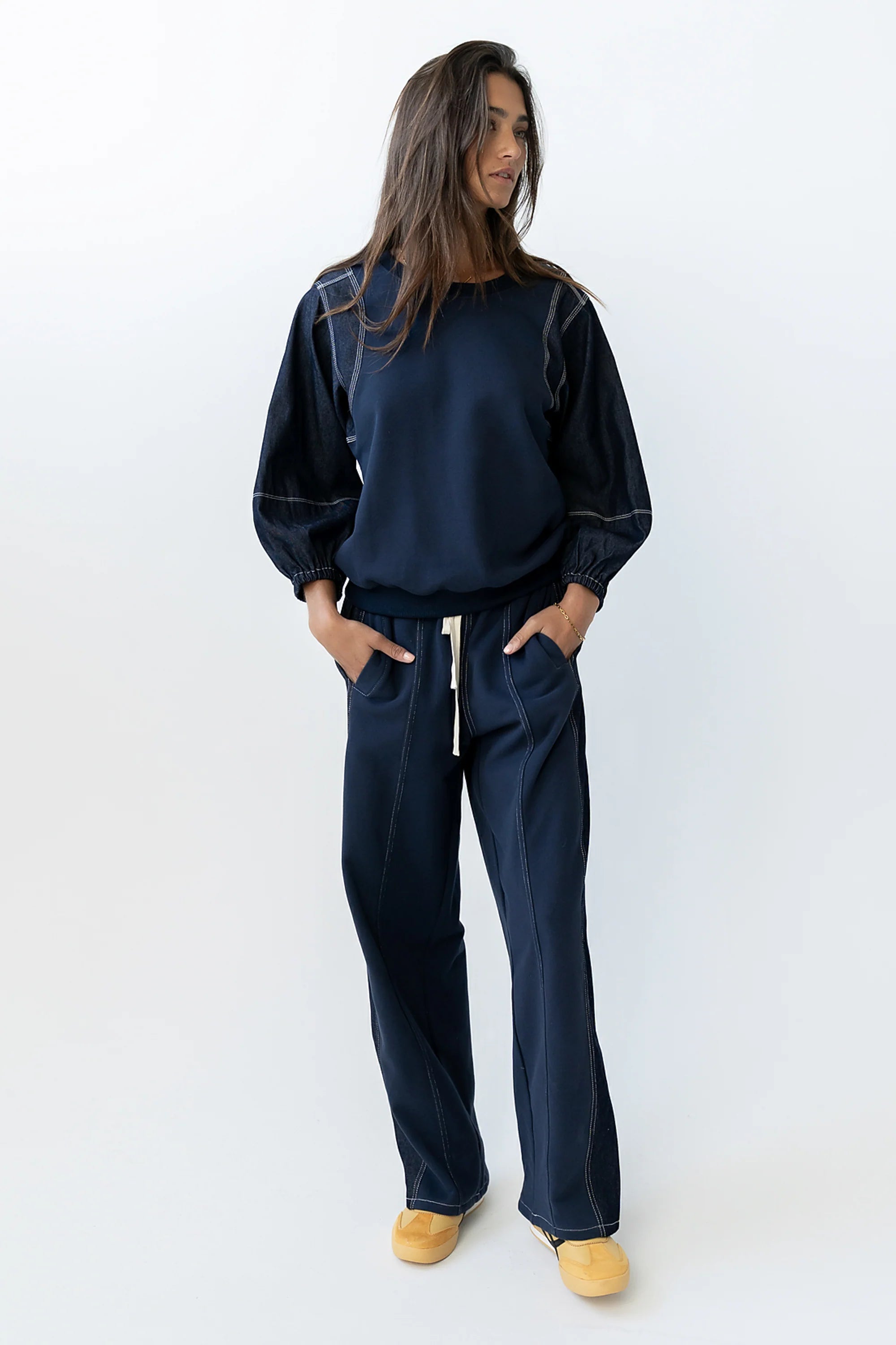 Malinda Mixed Media Baggy Pants in Dark Wash FINAL SALE