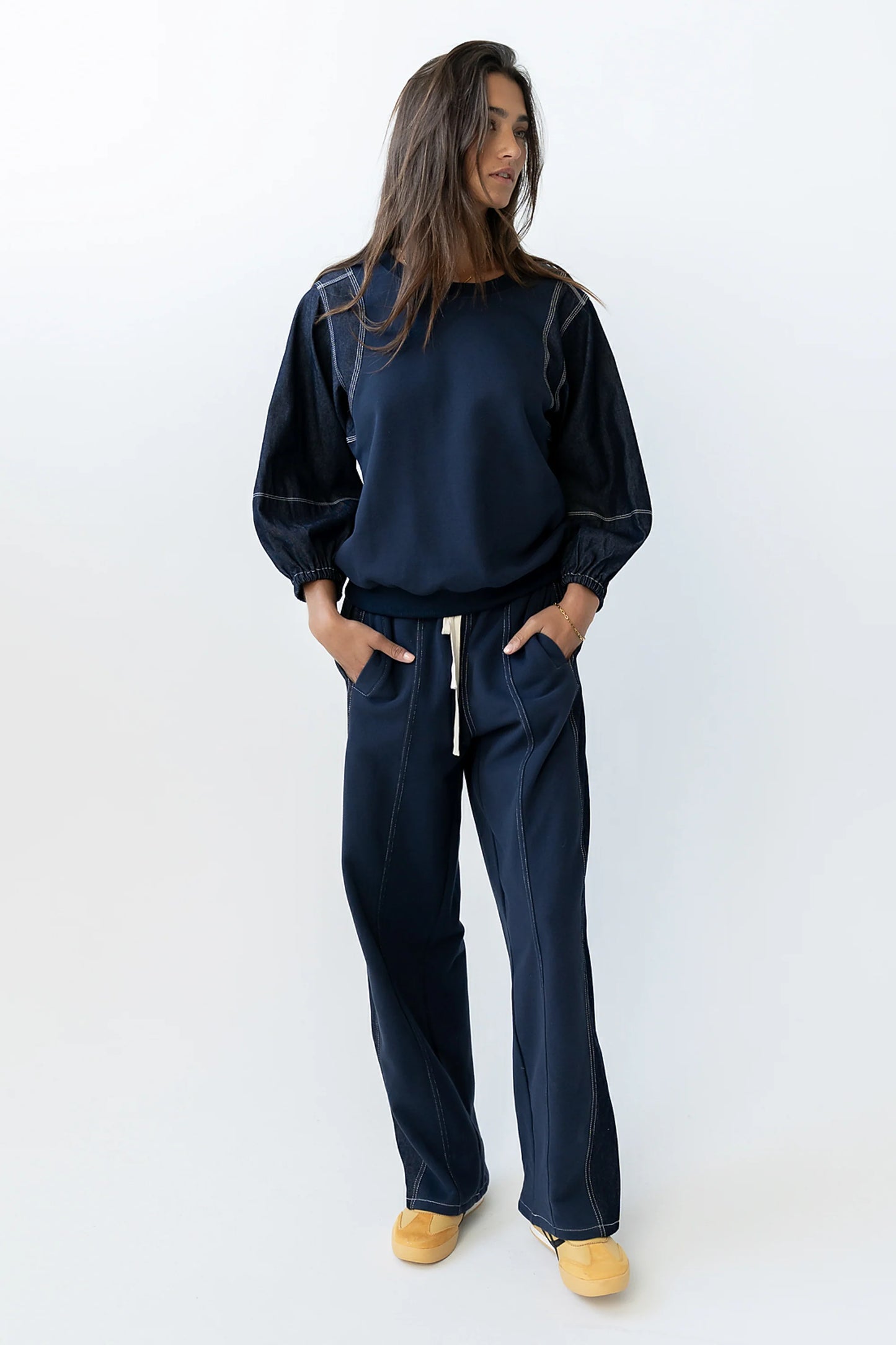 Malinda Mixed Media Baggy Pants in Dark Wash FINAL SALE