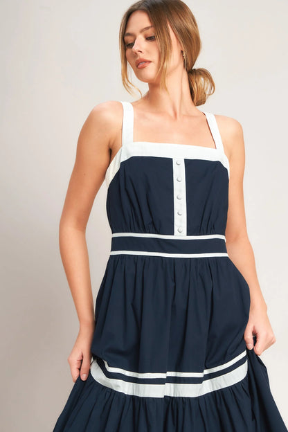 NAVY WHITE CONTRAST MIDI DRESS