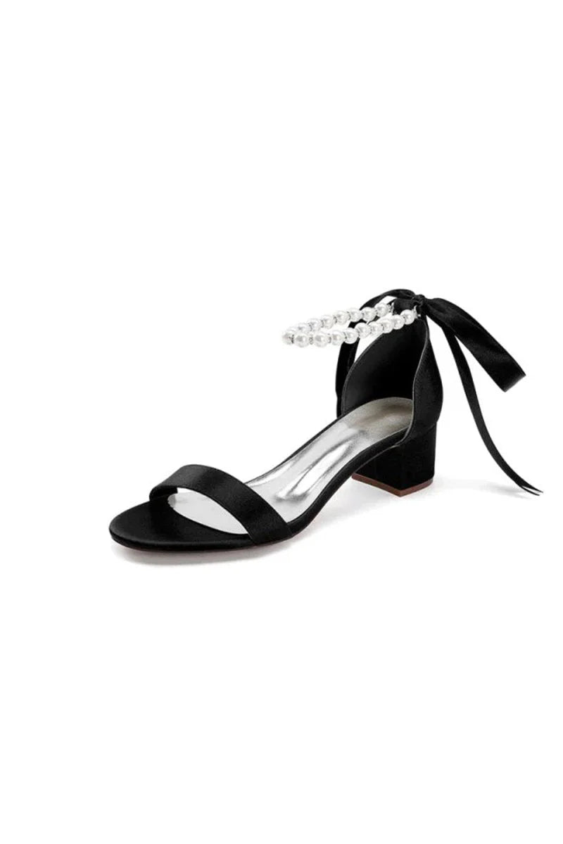 Block Heel Sandal Adorned with Pearl Ankle Band and Ribbon Bow