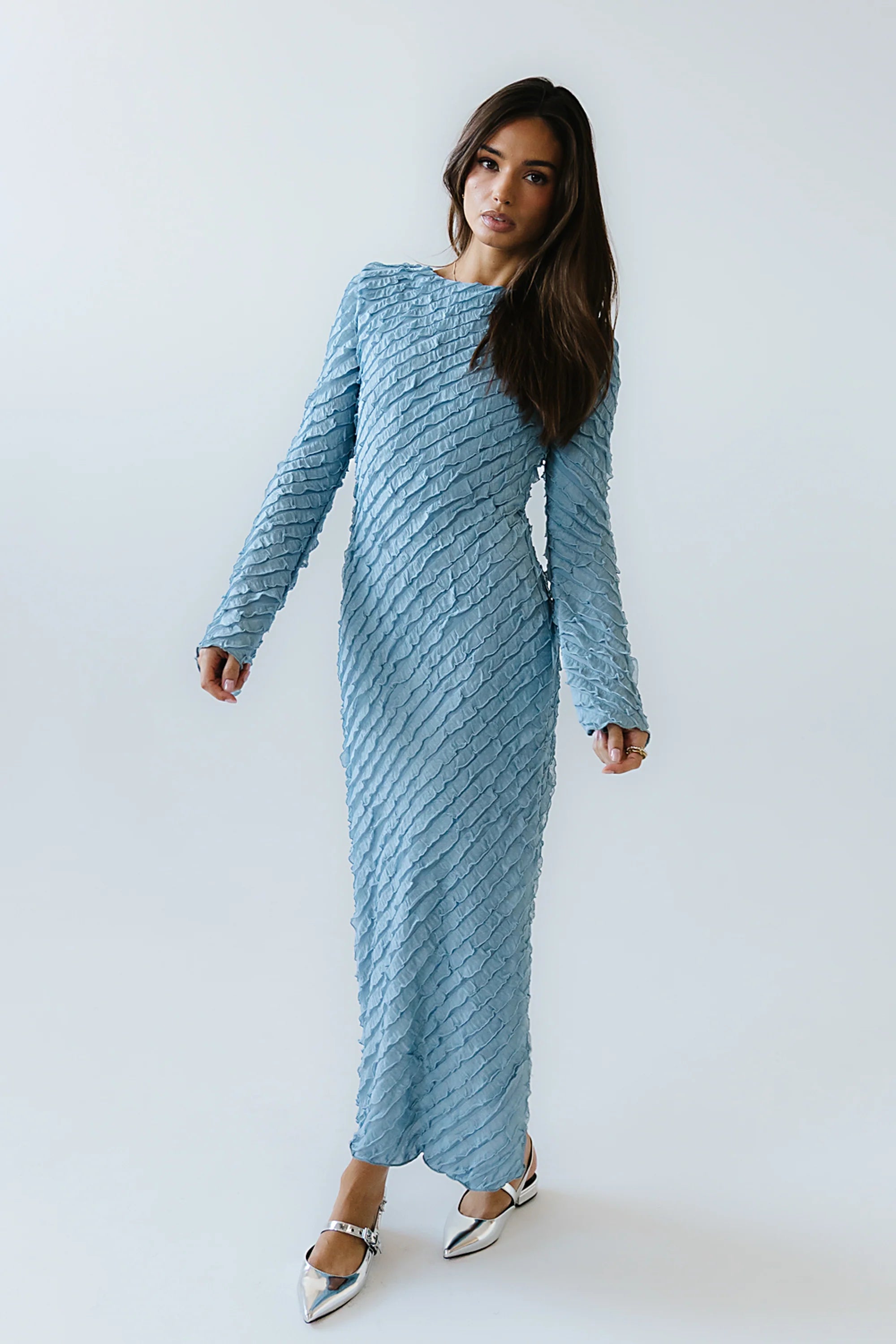 Bell Ruffle Maxi Dress in Blue