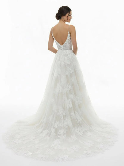 Boho White A Line Lace Appliques Wedding Dress