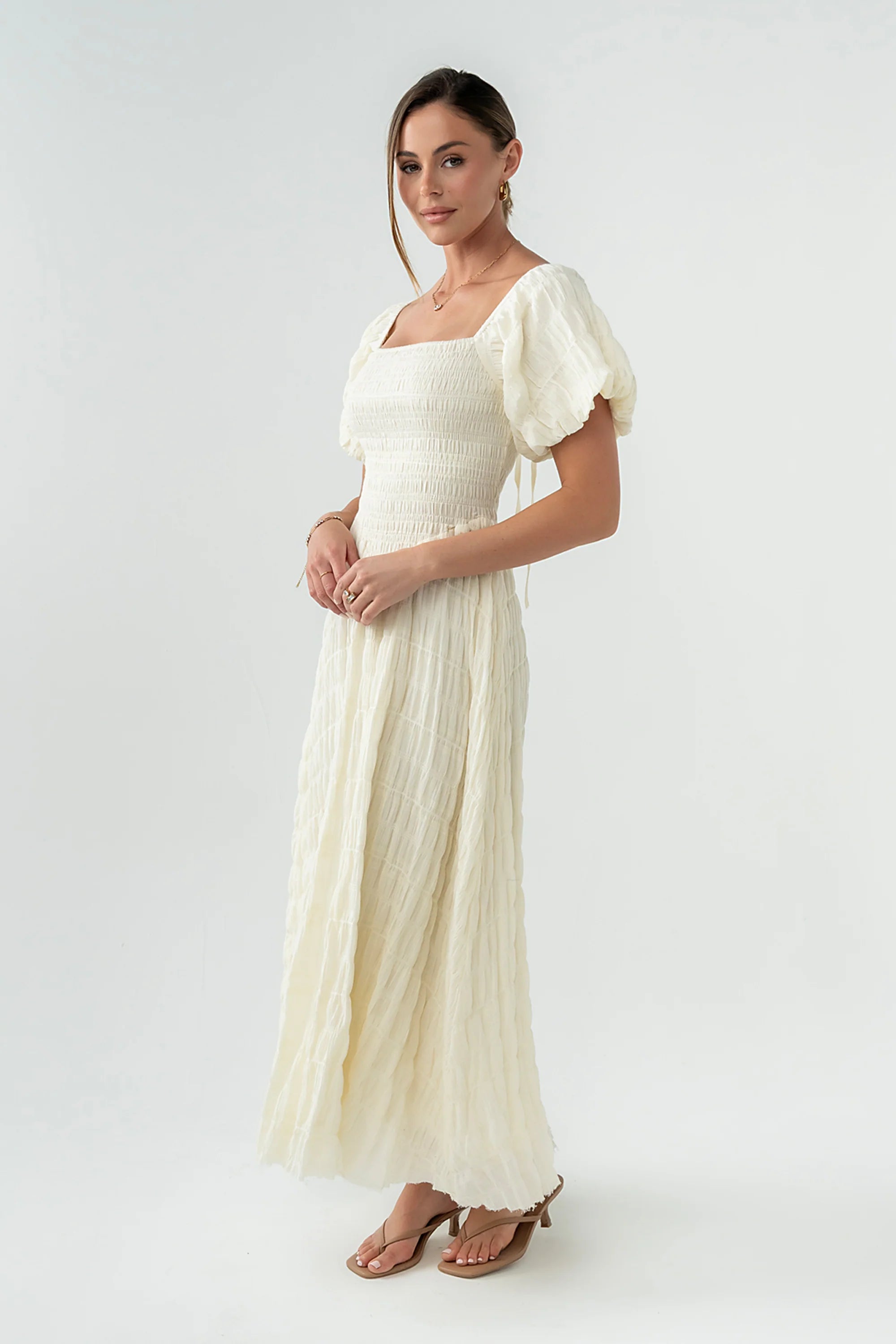 Beckie Smocked Maxi Dress in Off White