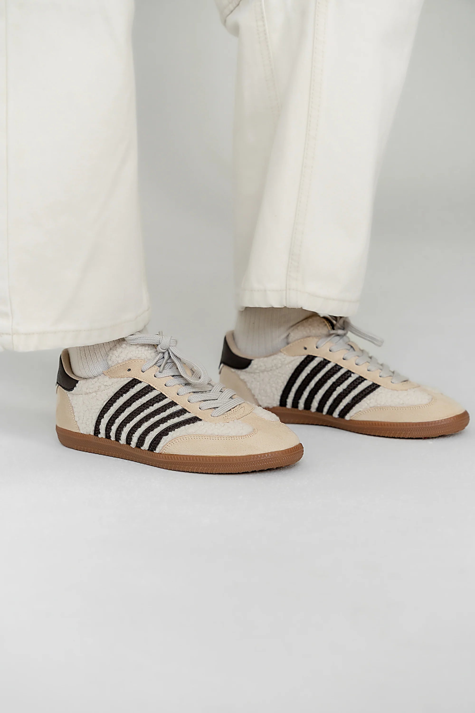 Stevie Striped Sneaker in Beige Shearling