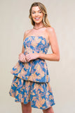SUMMER MOMENTS STRAPLESS FLORAL DENIM MINI DRESS
