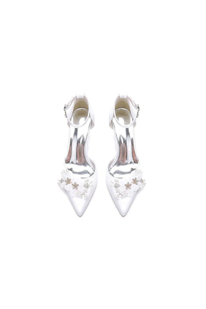 Womens Wedding Shoes Pointed Toe Ankle Strap Stiletto Heels with Rhinestone Flower