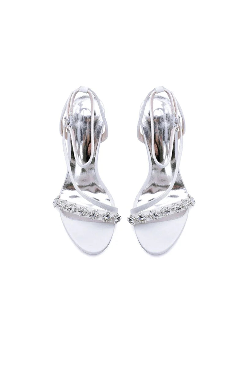 Open Toe Ankle Strap Satin Chunky Heels With Rhinestone