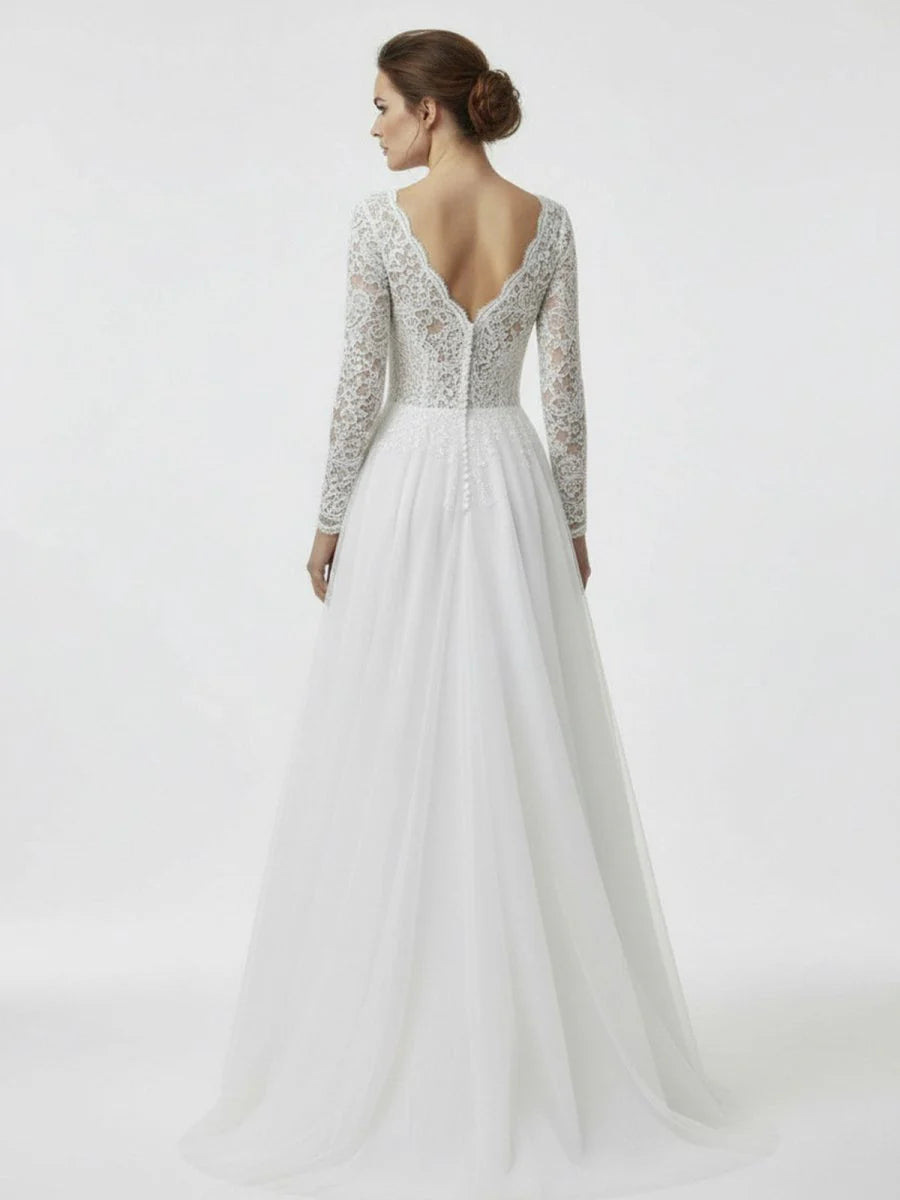 Bohemian Long Sleeves Lace Button Back A Line Modest Wedding Dresses