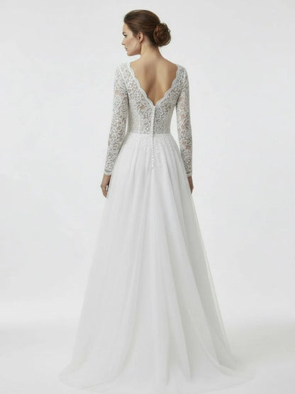Bohemian Long Sleeves Lace Button Back A Line Modest Wedding Dresses