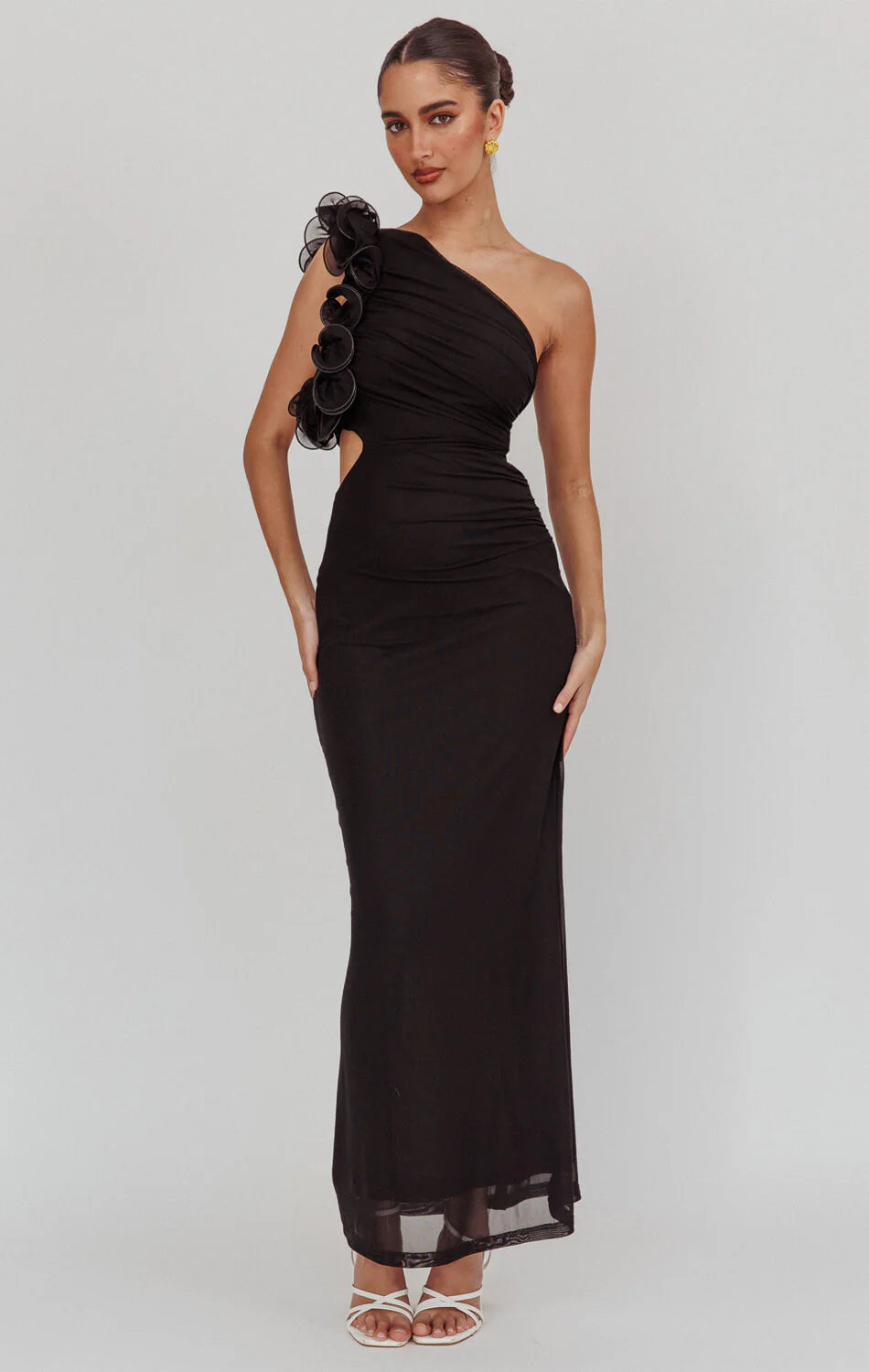LIZBETH ONE SHOULDER MESH MAXI DRESS BLACK