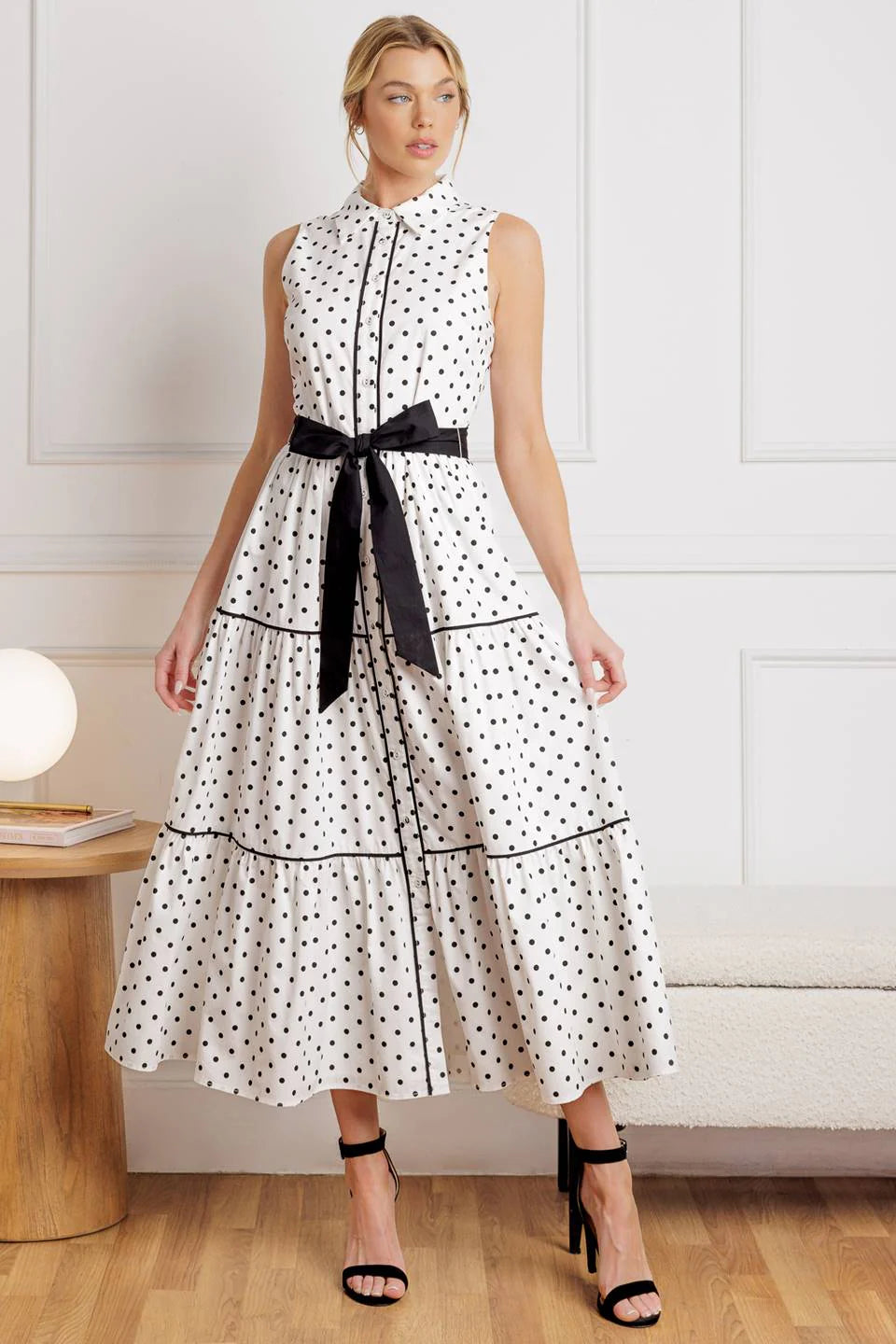 RETRO DOTS WHITE BLACK POLKA DOT MIDI DRESS