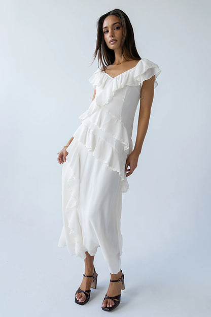 Quinton Ruffle Maxi Dress in Cream
