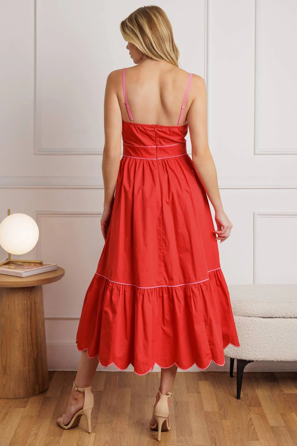 SWEET DREAMS RED PINK SCALLOPED EDGE MIDI DRESS