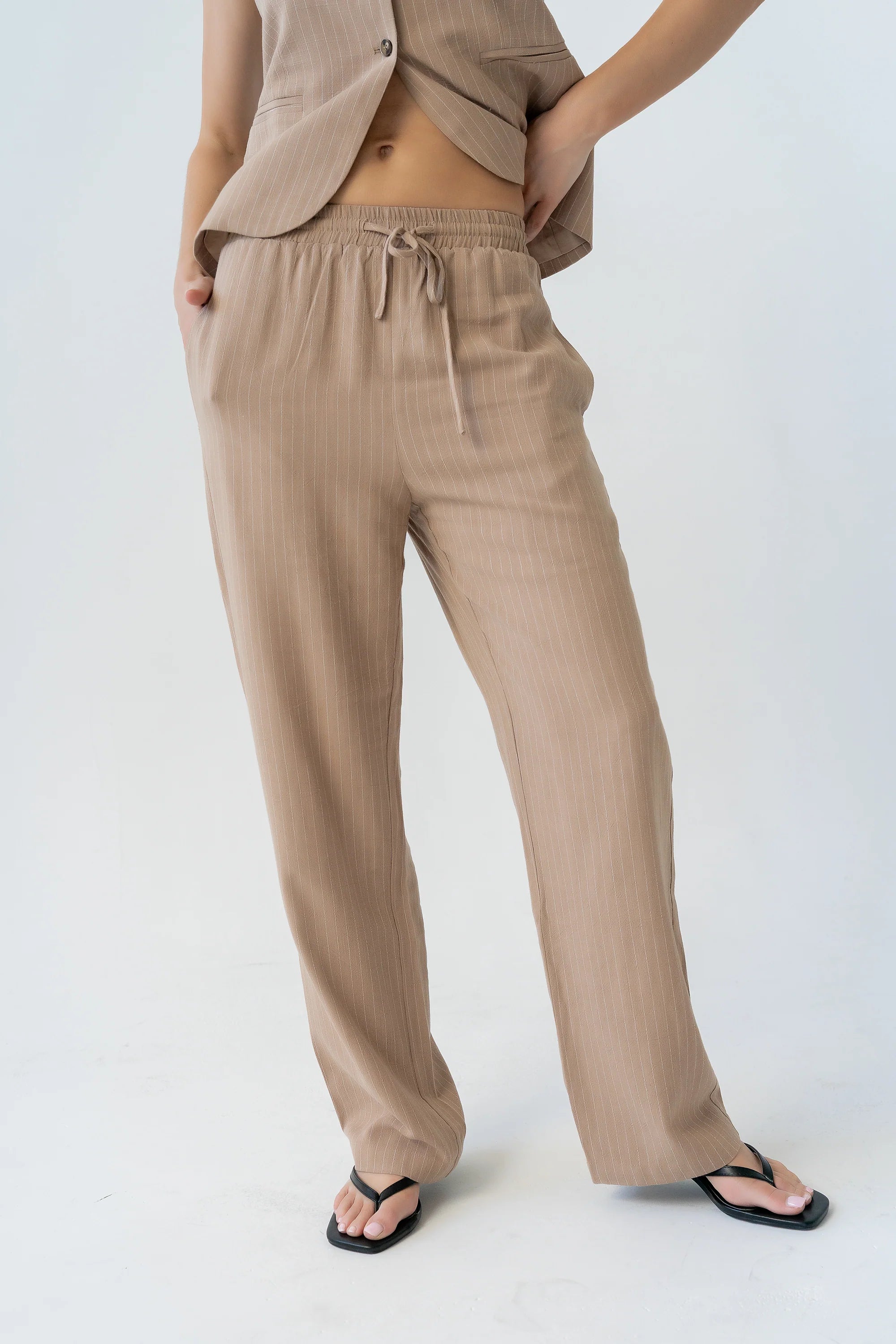 Vivienne Pinstripe Wide Leg Pants in Tan