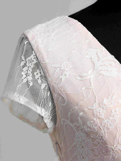 Short Sleeve V neck Pleated Long Lace Wedding Dress