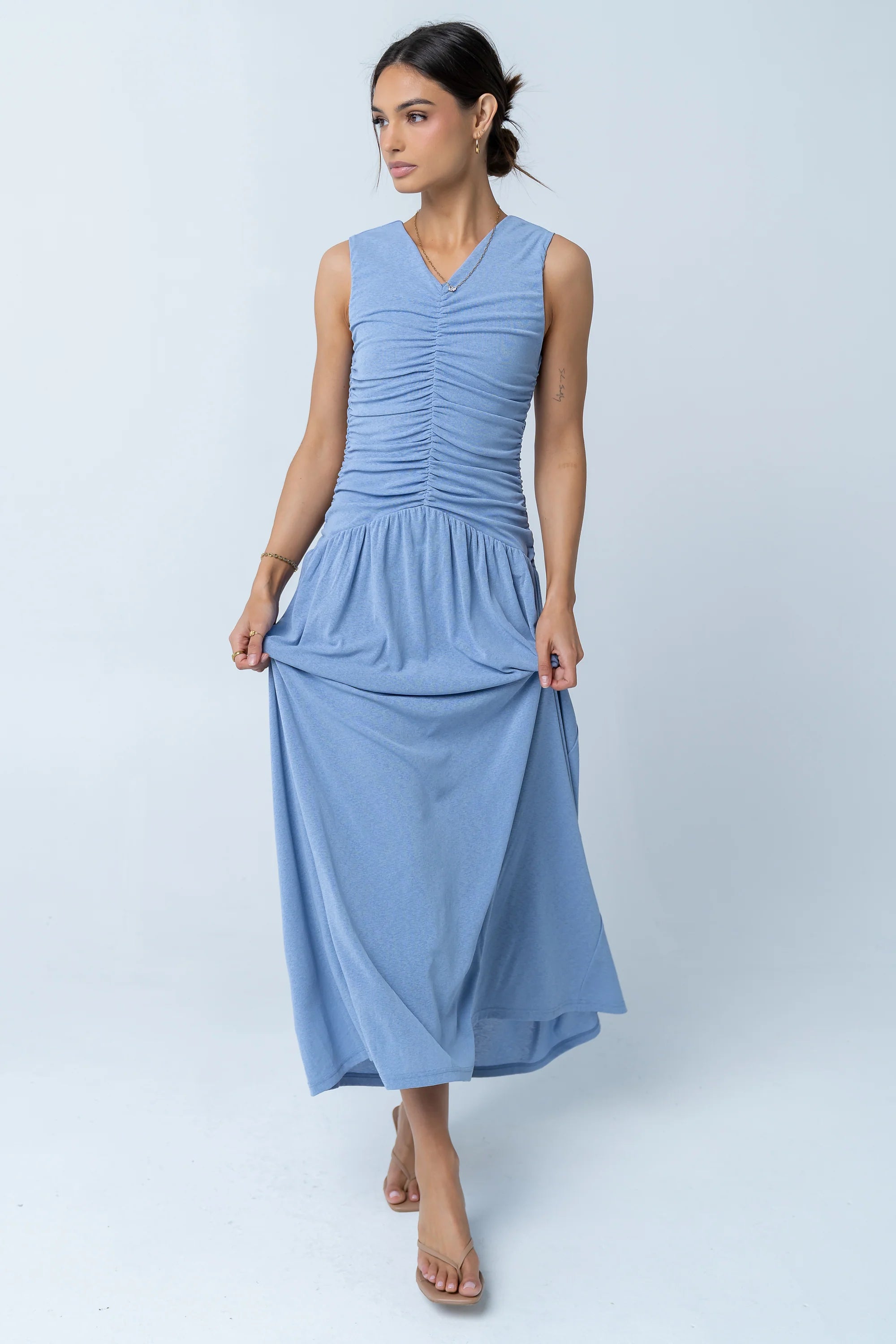 Kandi Ruched Maxi Dress in Blue