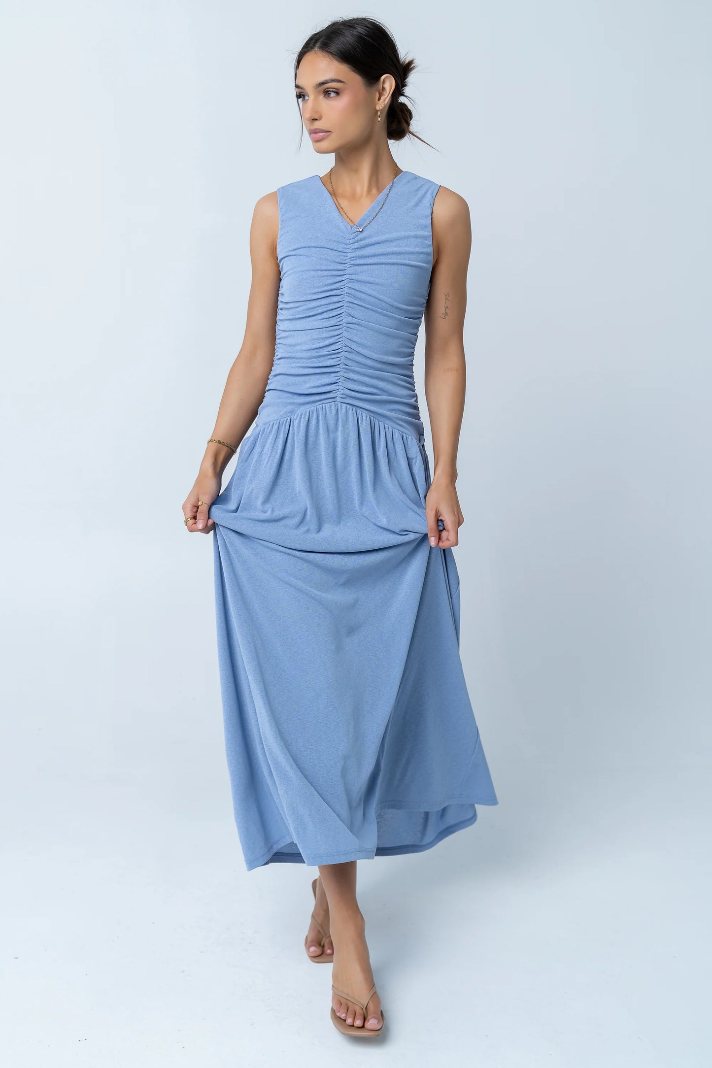 Kandi Ruched Maxi Dress in Blue