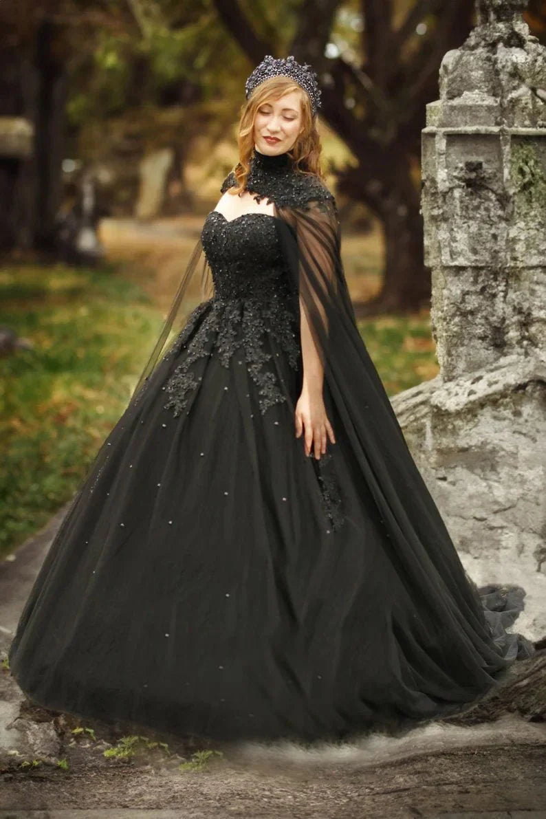 2024 New Black Crystals Appliques Tulle Sweetheart Long Wedding Dresses