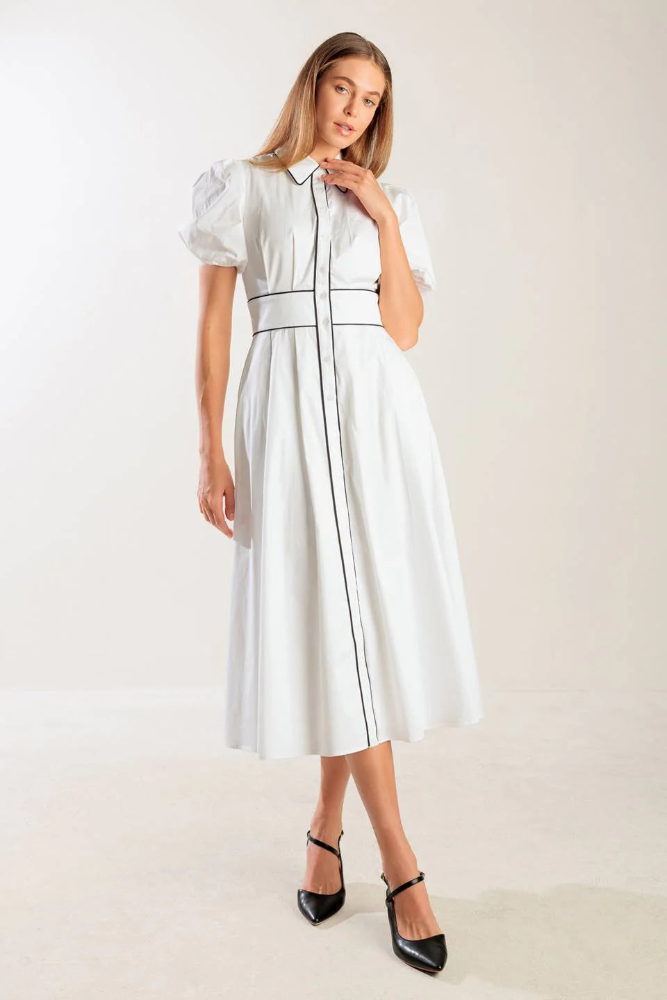 VINTAGE VIBES PUFF SLEEVE MIDI DRESS WHITE