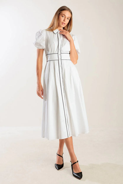 VINTAGE VIBES PUFF SLEEVE MIDI DRESS WHITE