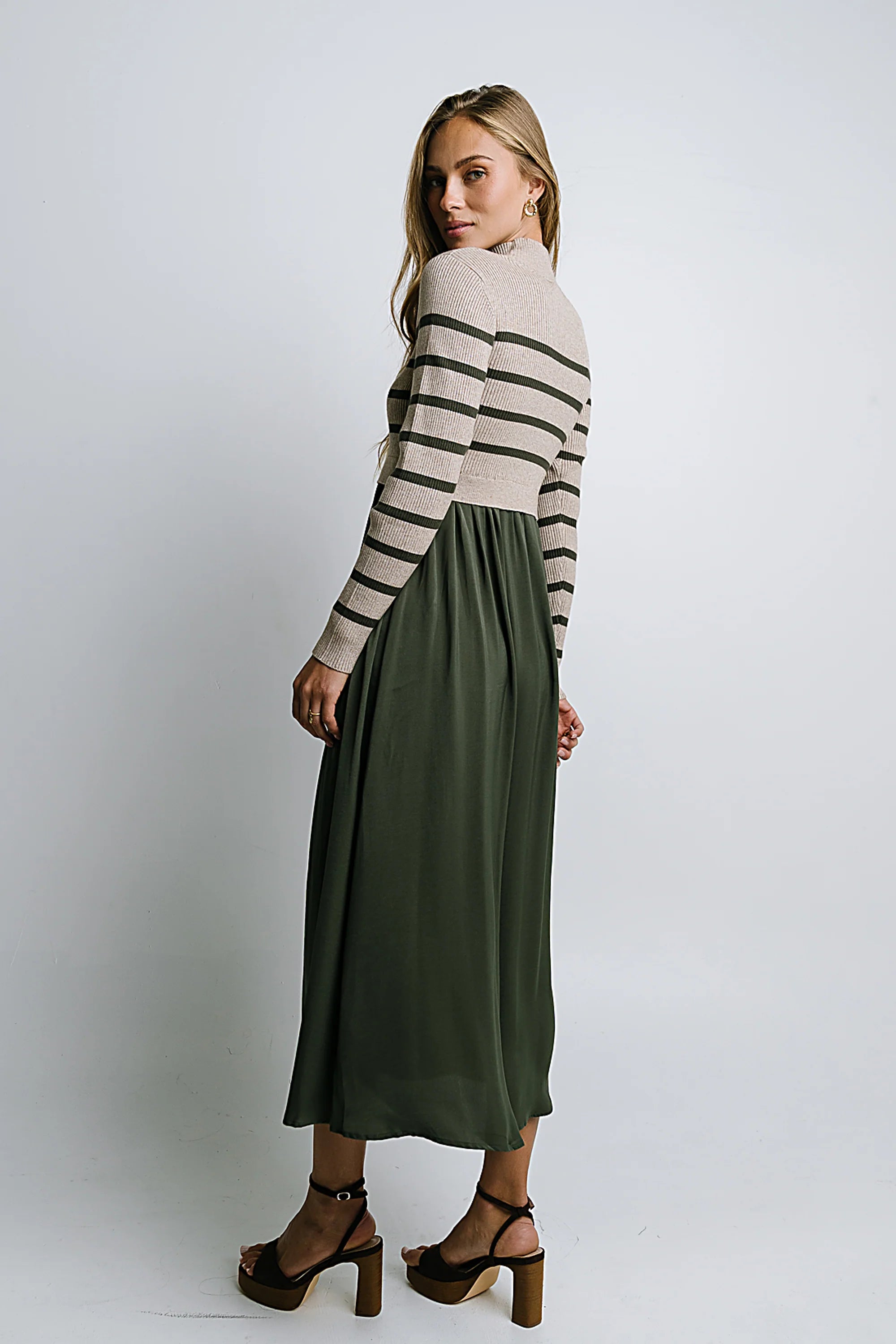 Zeda Midi Dress in Olive Stripe
