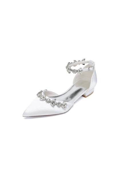 Pointed Toe Rhinestone Beaded Ankle Strap Kitten Heels