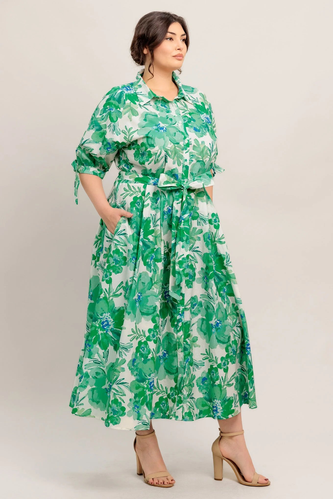 SIMPLY IN BLOOM GREEN FLORAL MIDI SHIRT DRESS
