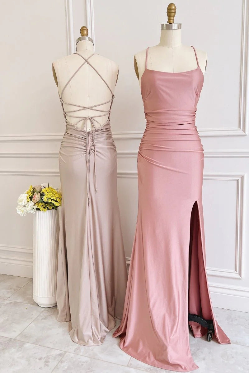 Dusty Pink Satin Lace Up Sheath Long Bridesmaid Dress with Slit