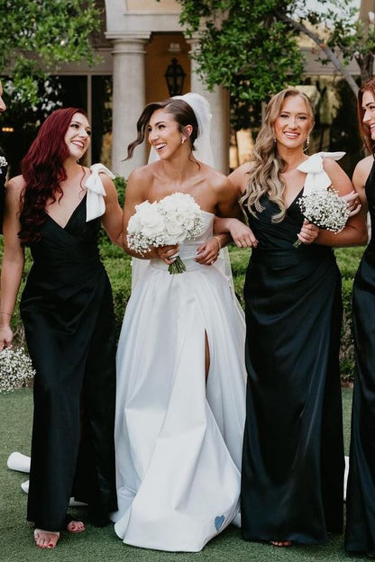 Black V Neck Mermaid Spaghetti Straps Satin Long Bridesmaid Dress with Bow