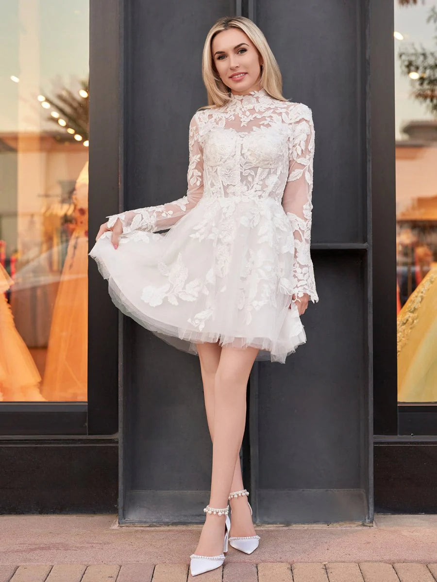 Short White A Line Illusion Neck Long Sleeves Lace Wedding Dresses