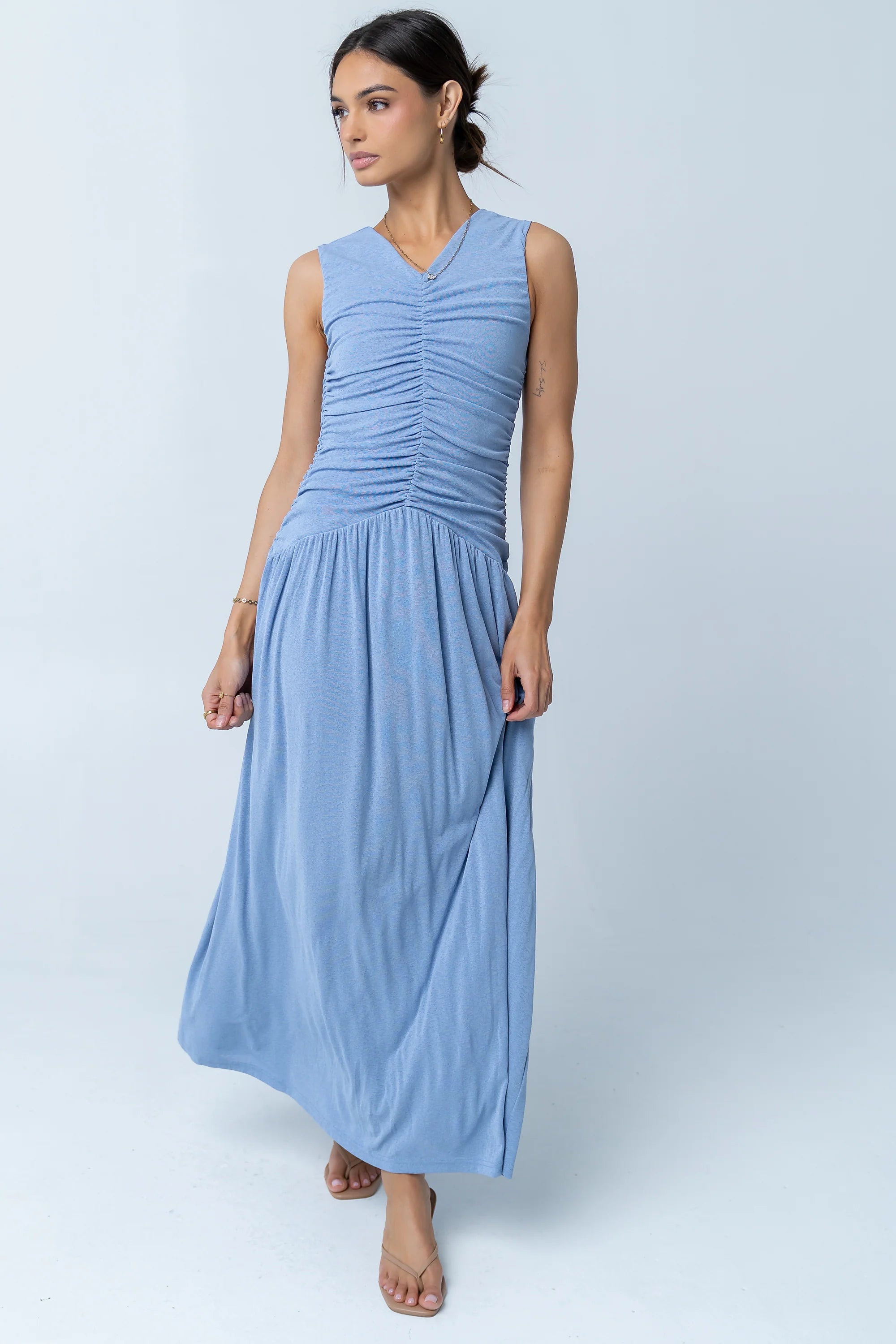 Kandi Ruched Maxi Dress in Blue