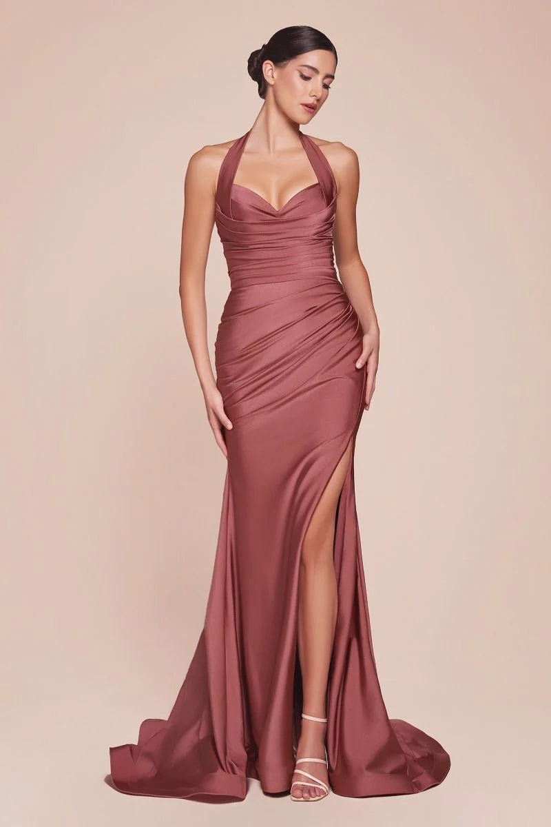 Autumn Gown Stretch Spandex Satin Halter Fitted Dress
