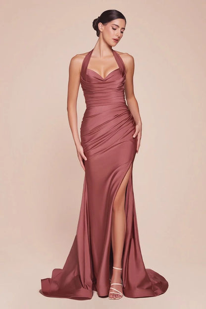Autumn Gown Stretch Spandex Satin Halter Fitted Dress