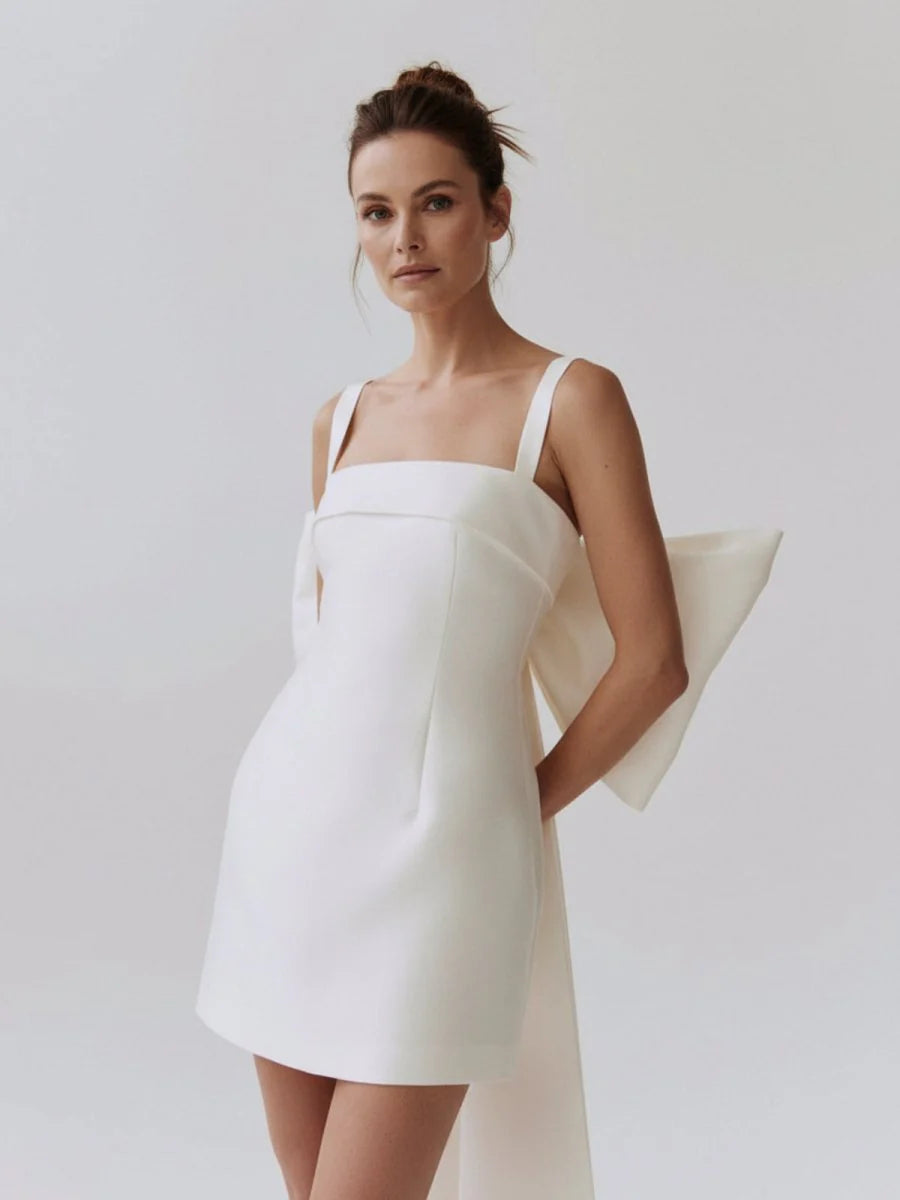 Square Neck White Satin Short Wedding Dress with Bow Back and Veil