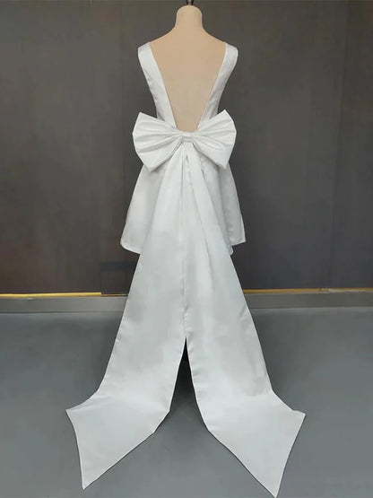 A Line Satin V Neck Short Wedding Dress with Large Bow