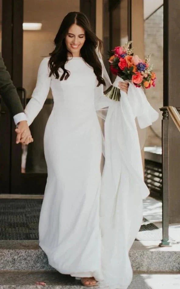 Modest Simple Mermaid Spandex Bateau Long Sleeve Wedding Dress