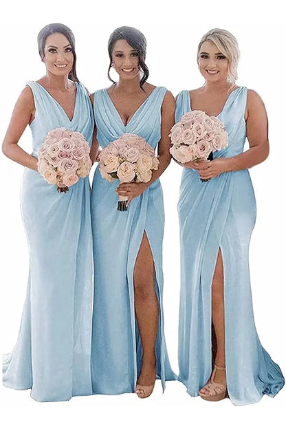 Ivory Sheath Chiffon Ruched Long Bridesmaid Dress with Slit