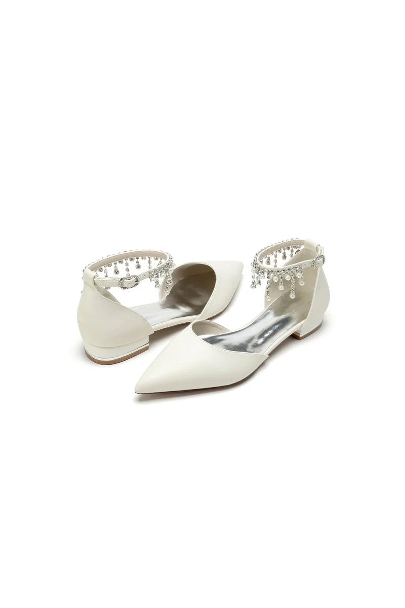 White Pearl Beaded Ankle Strap Pointed Toe Low Heels