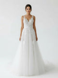 A Line V Back Long White Wedding Dress with Lace Appliqued